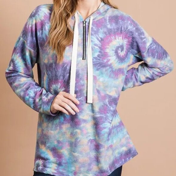 BiBi Brushed Circular Tie Dye Print Terry Hoodie - Picture 1 of 11